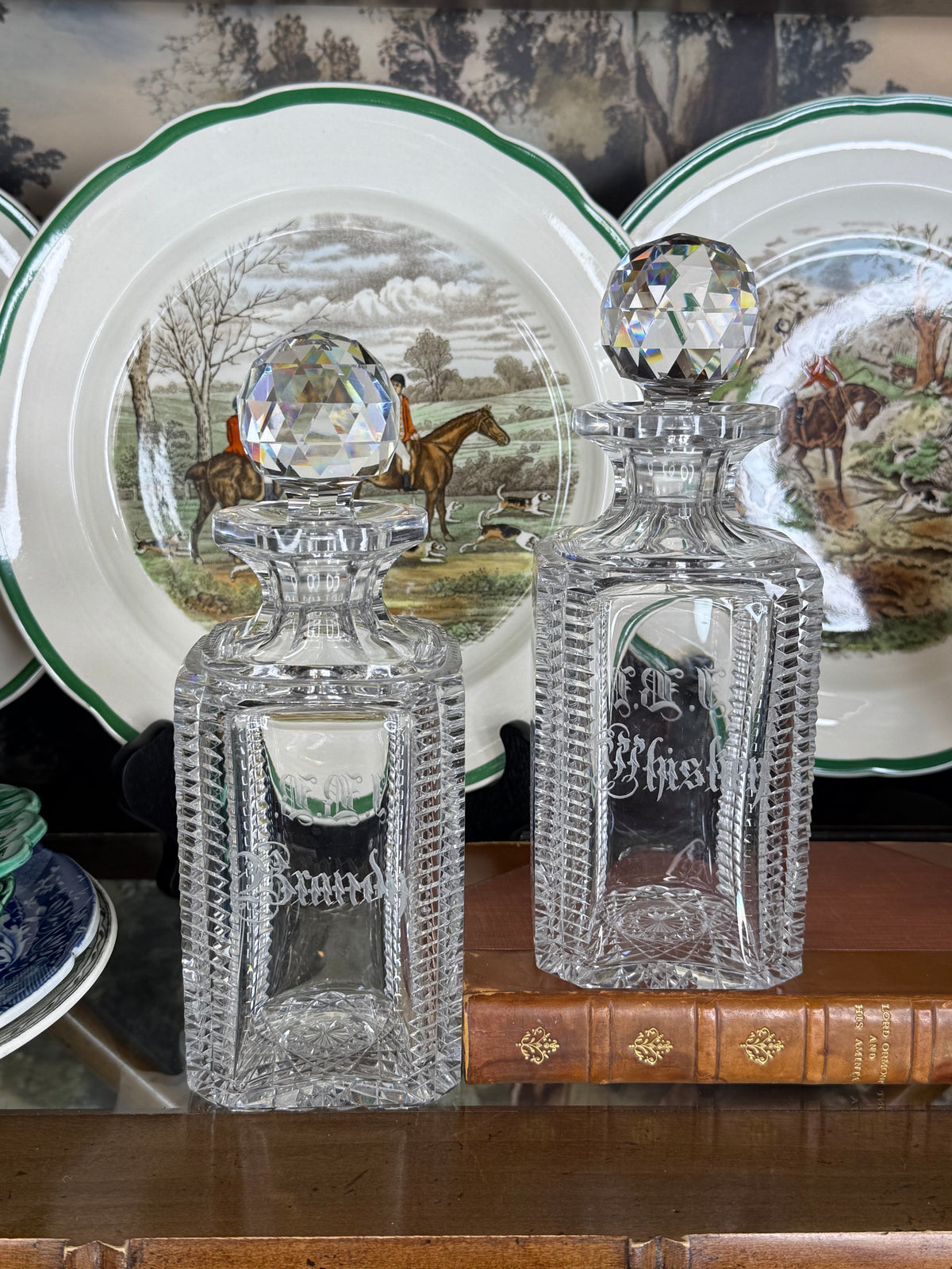 Antique T.G. Hawkes Cut Crystal Brandy & Whiskey Decanters, Pair with JBB Monogram & Faceted Stoppers, c.1900–1920, 8.5” H x 3” W | Pair