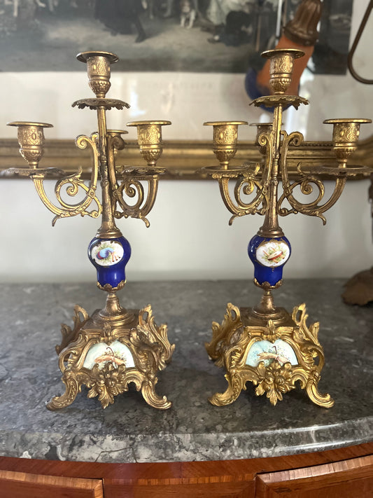 Stunning Pair Of 19th C French Sevres Style Porcelain Gilded 4 Arm Candelabra - Repaired