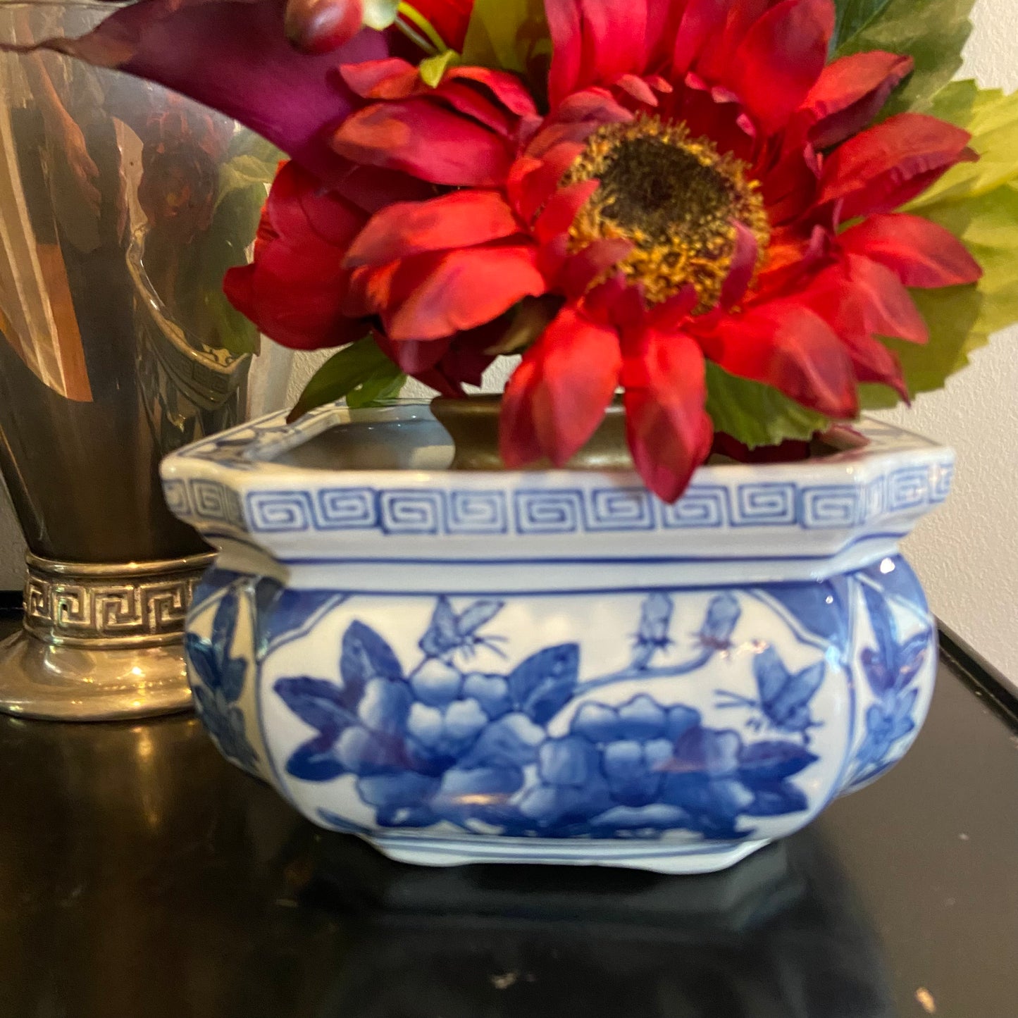 Vintage blue & white Greek key chinoiserie large planter bowl