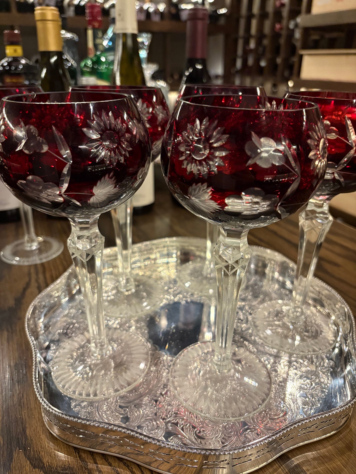 Set (6) Ruby cut to clear hock wine glasses