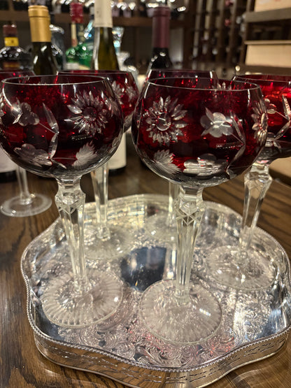 Set (6) Ruby cut to clear hock wine glasses