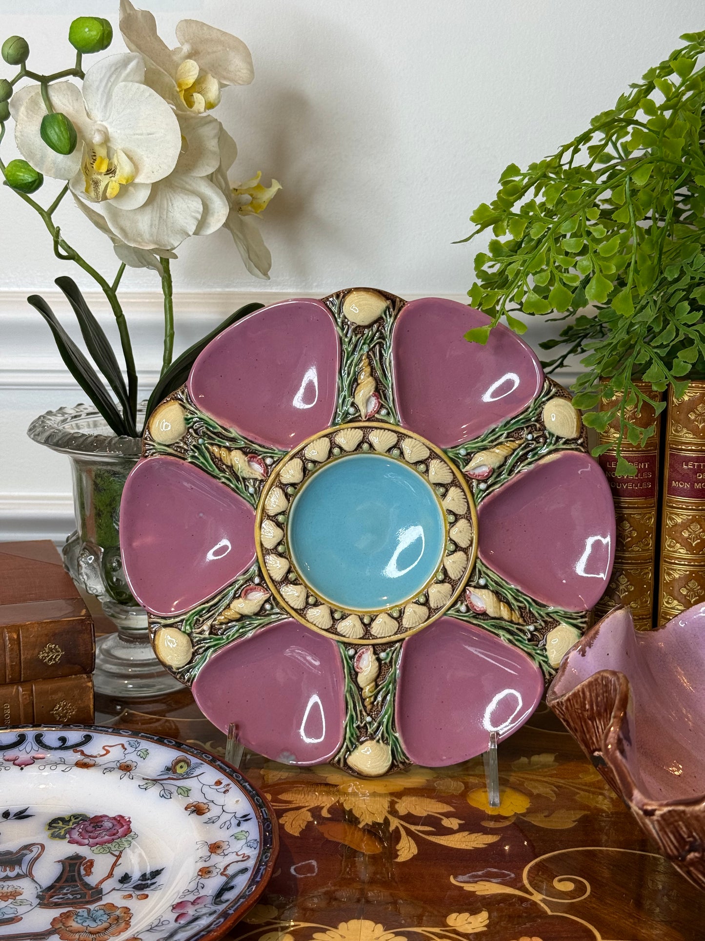 Antique Minton Majolica Oyster Plate | Pink & Turquoise & Shell Motif | 9” Diameter