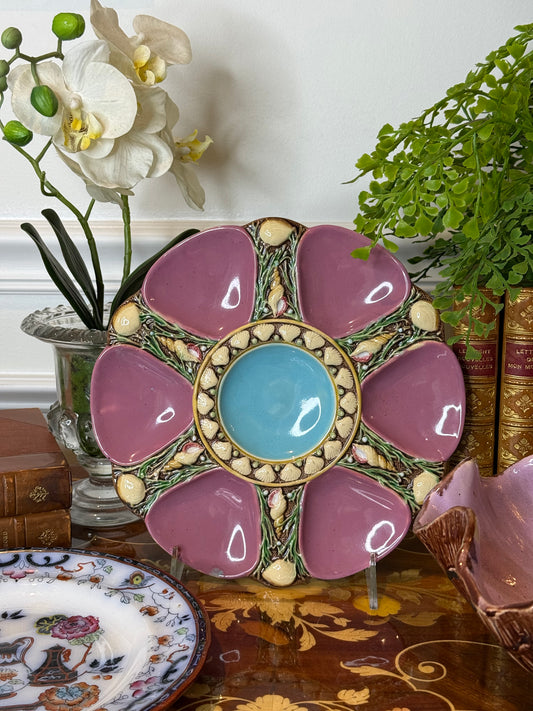 Antique Minton Majolica Oyster Plate | Pink & Turquoise & Shell Motif | 9” Diameter