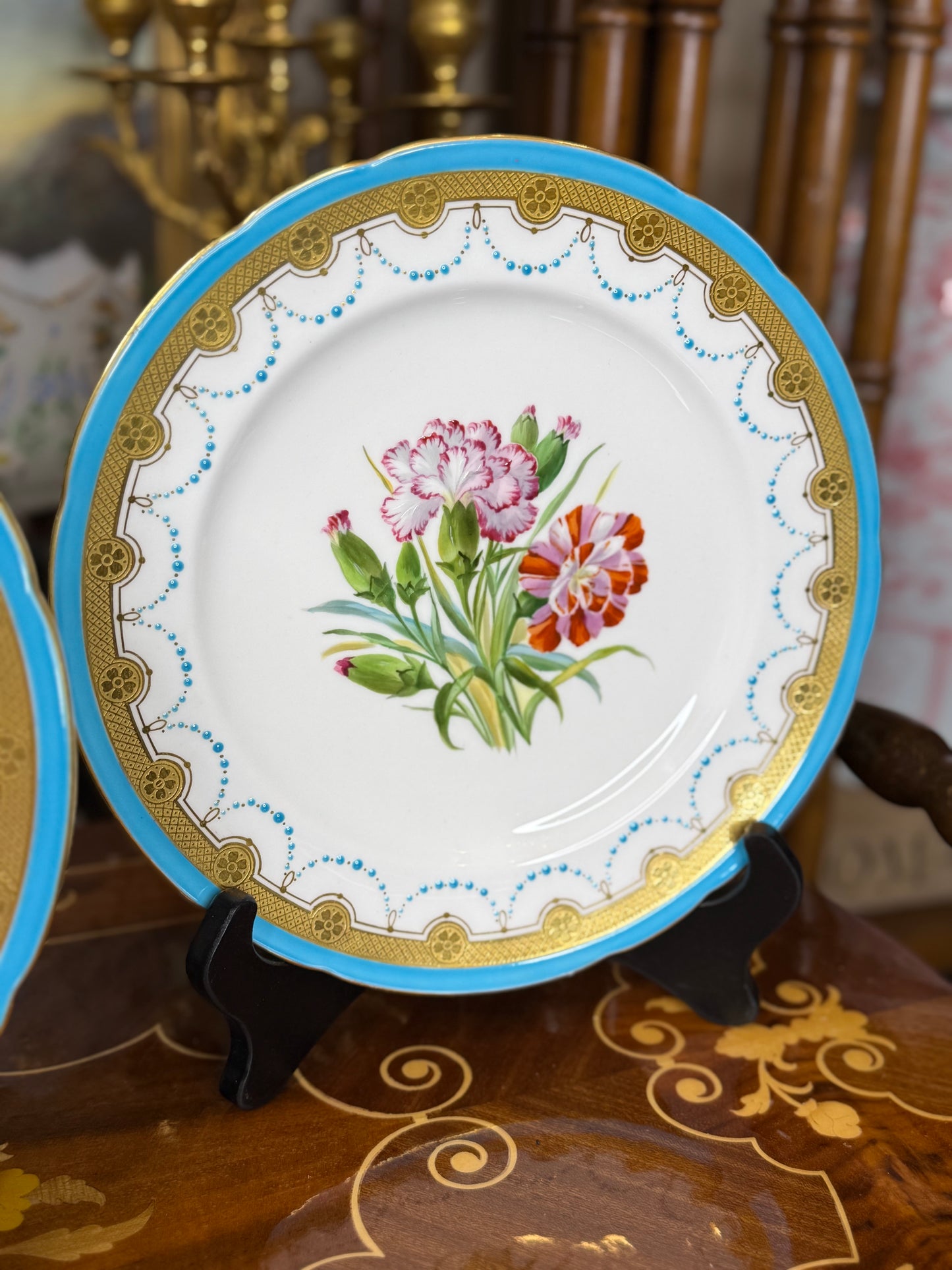 Antique Set of 3 Minton Botanical Hand-Painted Dessert Plates with Raised Jewelling & Acid-Etched Gilding – 9” Dia.