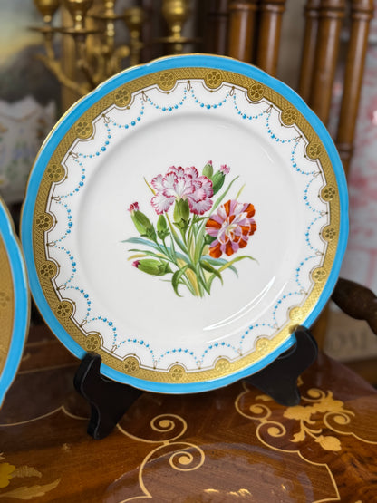 Antique Set of 3 Minton Botanical Hand-Painted Dessert Plates with Raised Jewelling & Acid-Etched Gilding – 9” Dia.