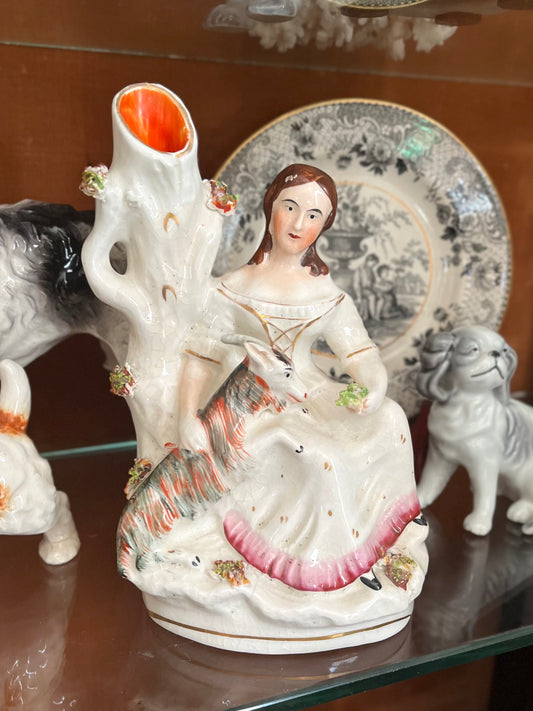 Mid 1800’s Staffordshire Girl And Ram Bocage Spill Vase