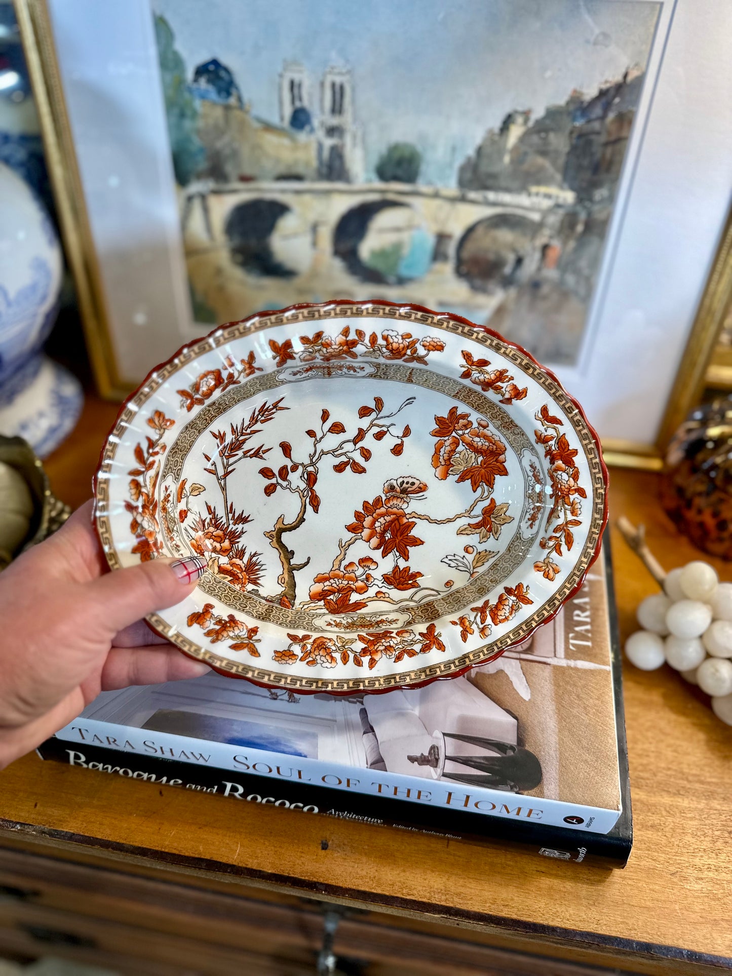 Beautiful Vintage Copeland Spode “India Tree” Oval Vegetable Bowl – Rust Orange, 9”