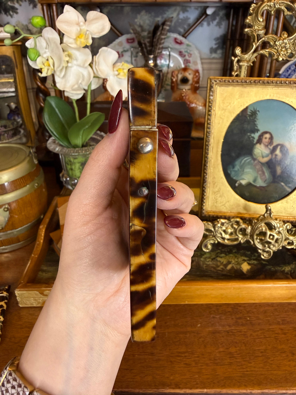 Antique Victorian Tshell🤎🐢 Calling Card Case | Mother-of-Pearl & Abalone Floral Inlay | Sterling Silver EF Monogram | 4” × 3”