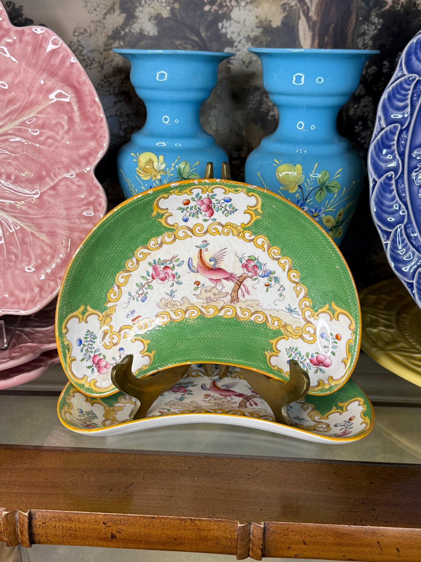 Antique Minton Cockatrice Green Crescent Dishes | Rare Pair | Exotic Bird & Floral | England c.1900