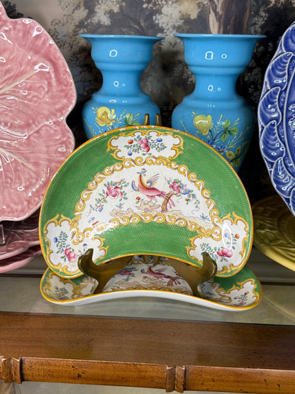 Antique Minton Cockatrice Green Crescent Dishes | Rare Pair | Exotic Bird & Floral | England c.1900
