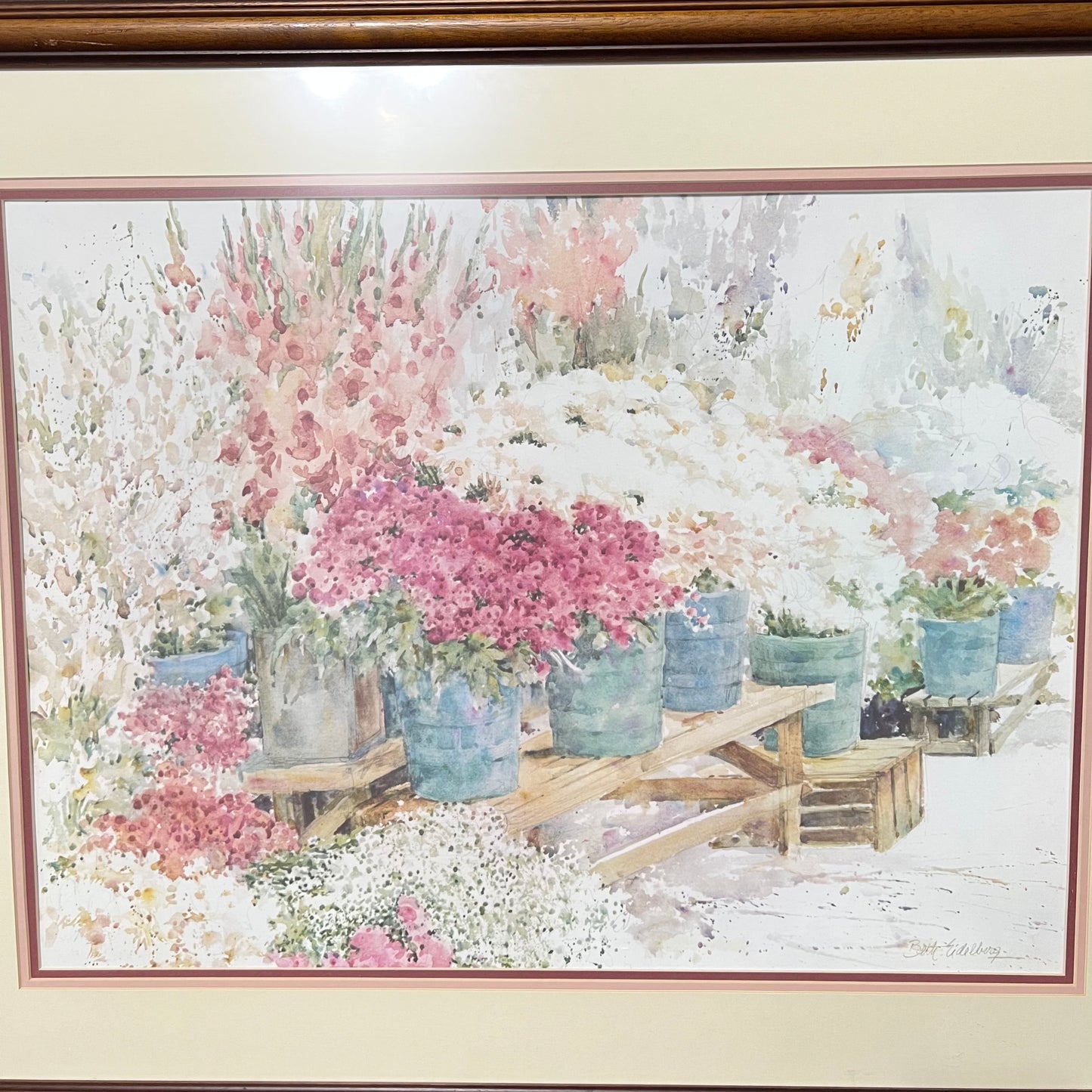 Beth Eidenberg Watercolor of Flower Garden Framed 36.5x30