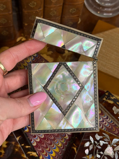Antique Mother-of-Pearl & Sterling Silver Calling Card Case, c. 1820–1840