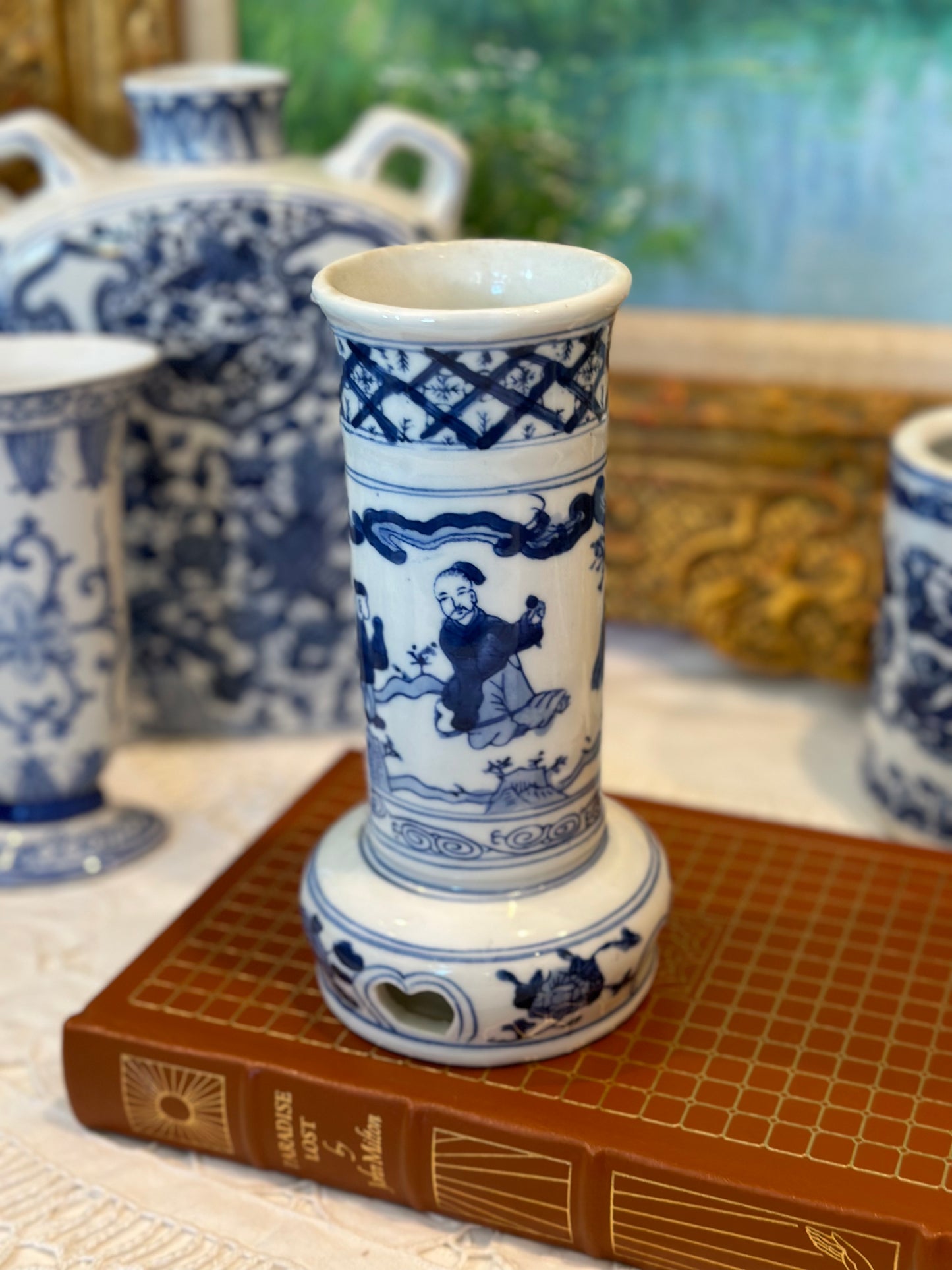Single blue and white Asian vase, 8” tall - No flaws!