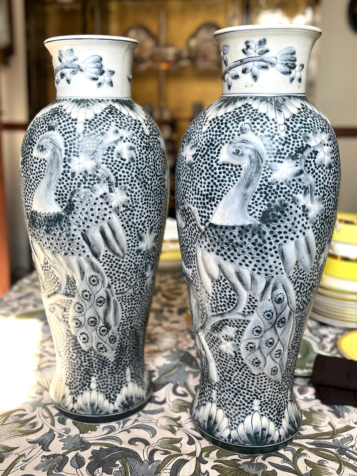 Exquisite Pair of Maitland-Smith Blue And White Peacock Vases, Hand-Painted Raised Relief on Dotted Ground, 16”