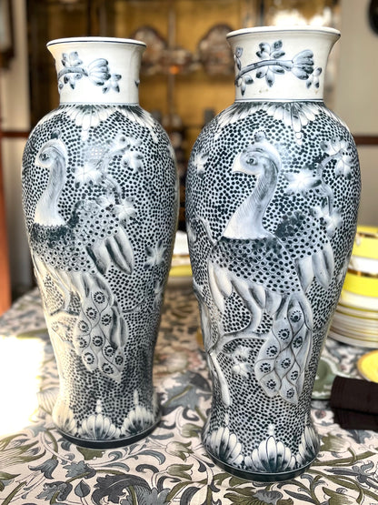 Exquisite Pair of Maitland-Smith Blue And White Peacock Vases, Hand-Painted Raised Relief on Dotted Ground, 16”