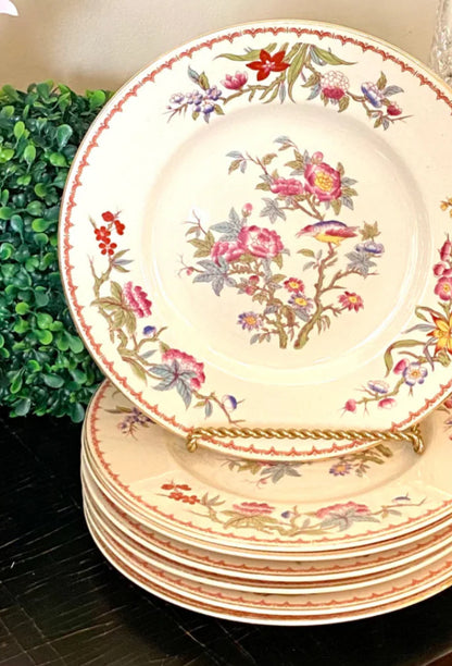 Stunning Set of 7 vintage porcelain rose canton chinoiserie designer dinner plates plus platter