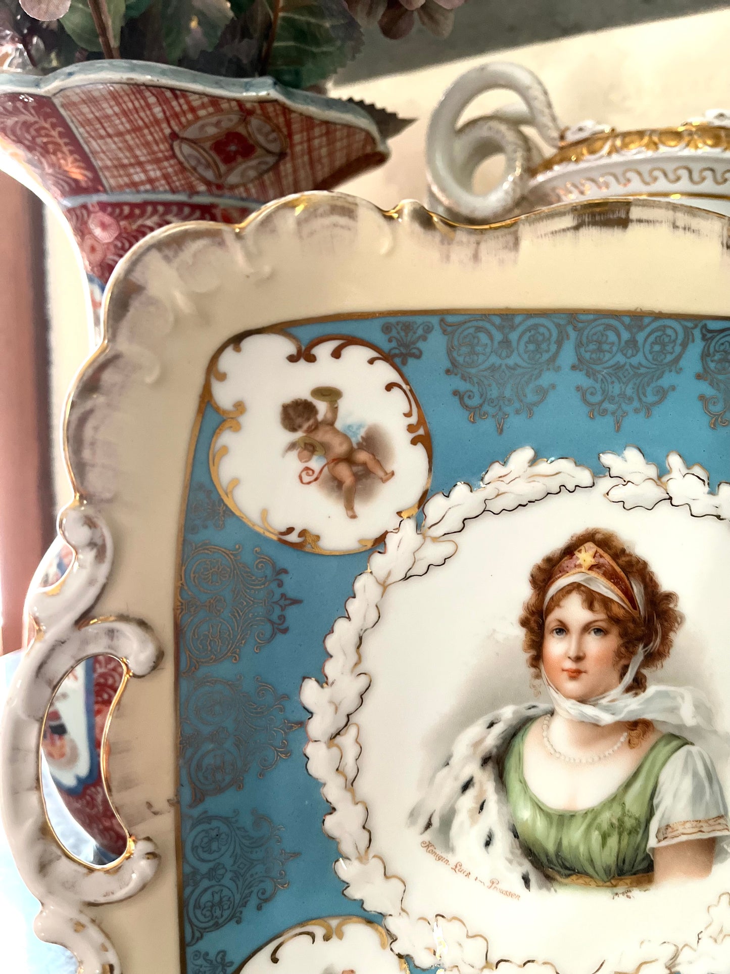 Live 06/29 Antique German Portrait Tray — Queen Louise of Prussia, Celeste Blue & Gilt, Royal Vienna Style c. 1900 - Cherub Reserves