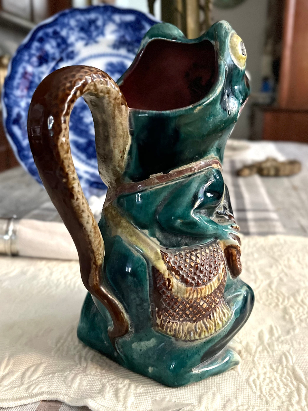 Older HTF Textured English Victorian Majolica Frog & Snake Pitcher, circa 1870 Repairs - Priced accordingly