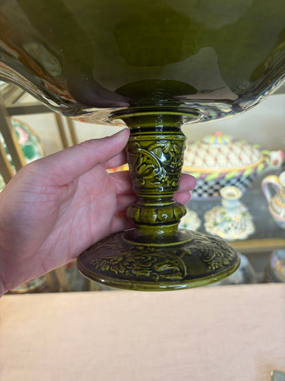 Gorgeous majolica compote featuring a girl and dogs!