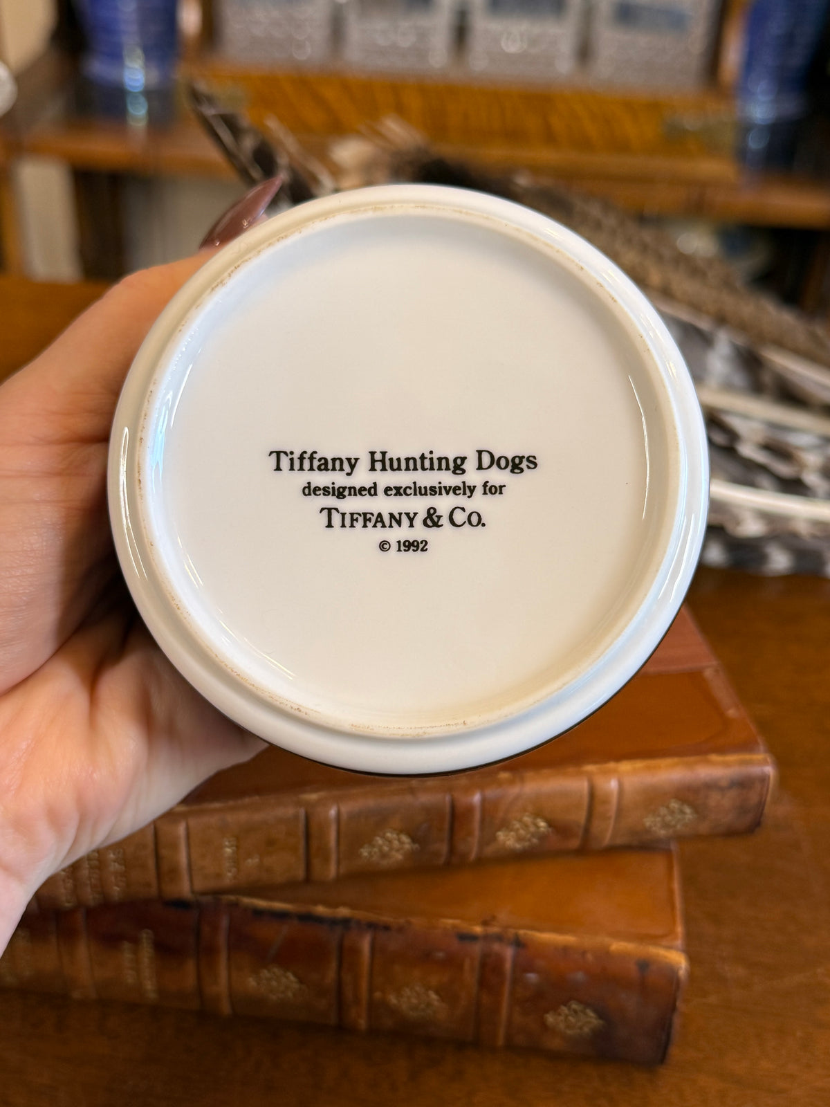 RESERVED - CGHOLL - Vintage Tiffany & Co. “Hunting Dogs” Porcelain Round Trinket Box, Black Sporting Dog Motif, 1992, 4” D