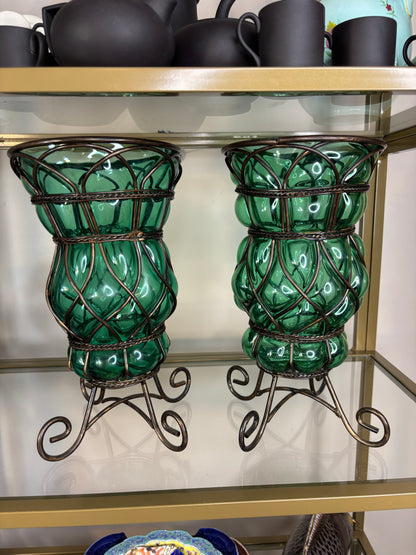 Gorgeous bubble glass in iron cage vases pair!