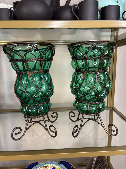 Gorgeous bubble glass in iron cage vases pair!