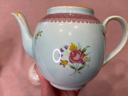 Antique Adams Calyx Ware teapot in the Lowestoft pattern featuring a mint green or duck egg blue color with floral patterns! As is!