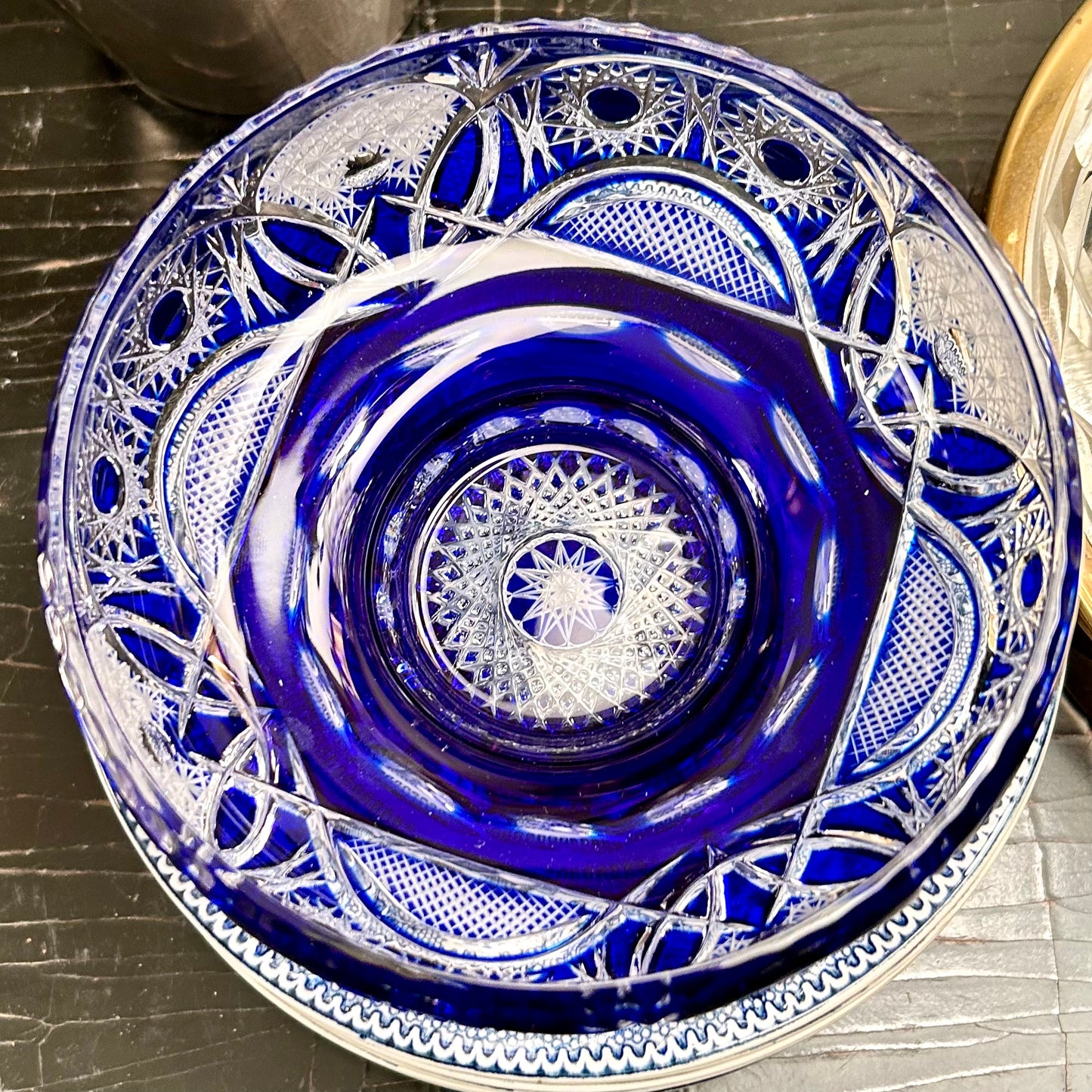 Cobalt Bohemian Czechoslovakian Crystal Bowl with a Deep Intricate Cut Pattern