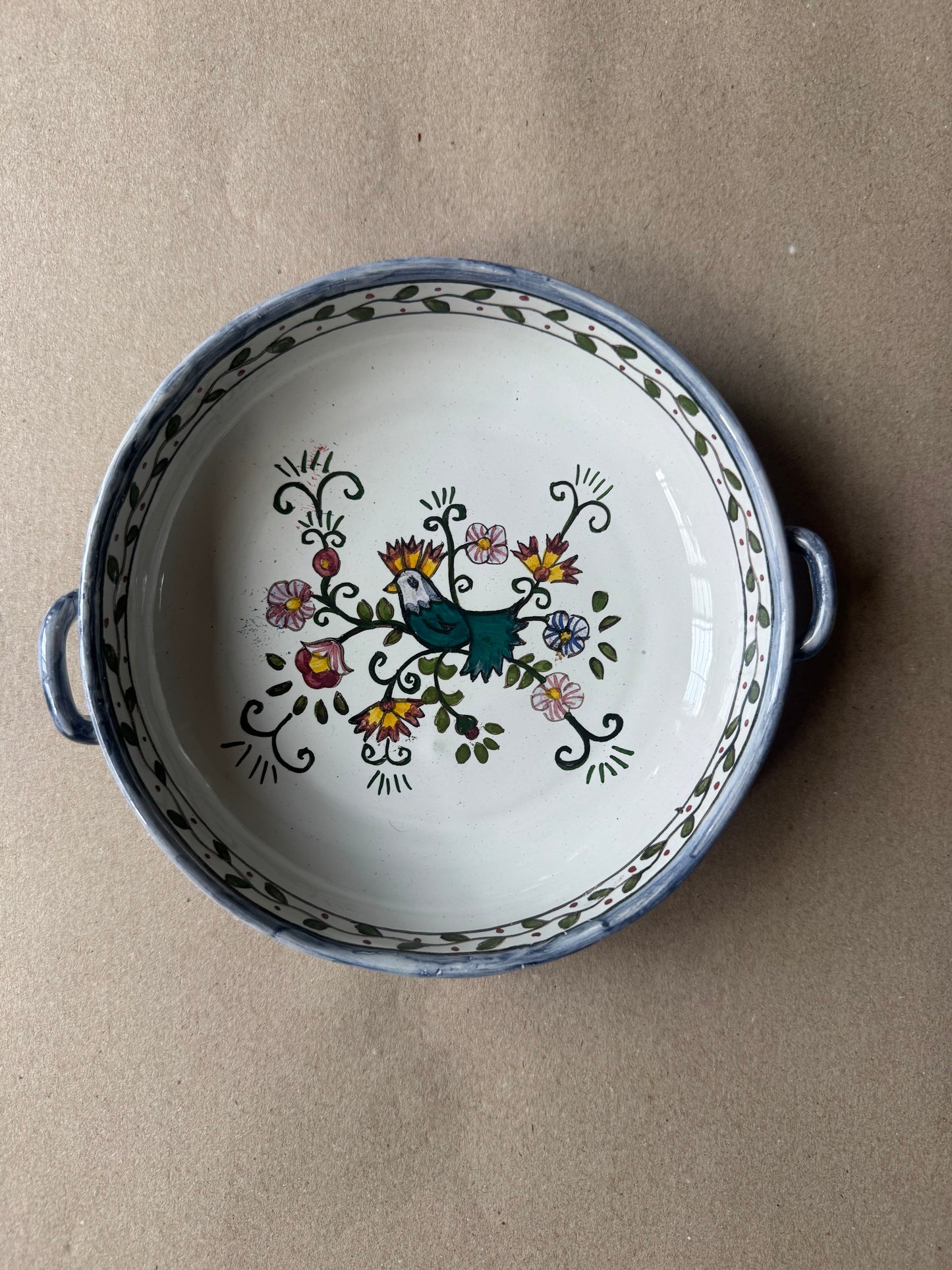 Vintage Hand-Painted Portuguese Pottery Round Serving Bowl