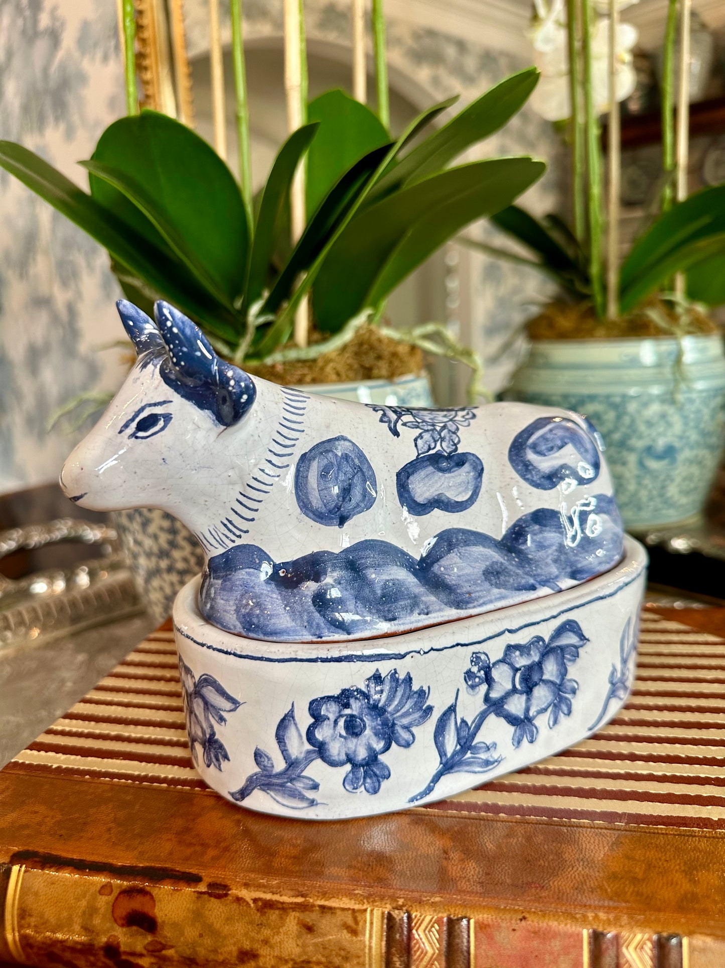 Darling Hand painted Blue & White Portugal Cow Covered Dish