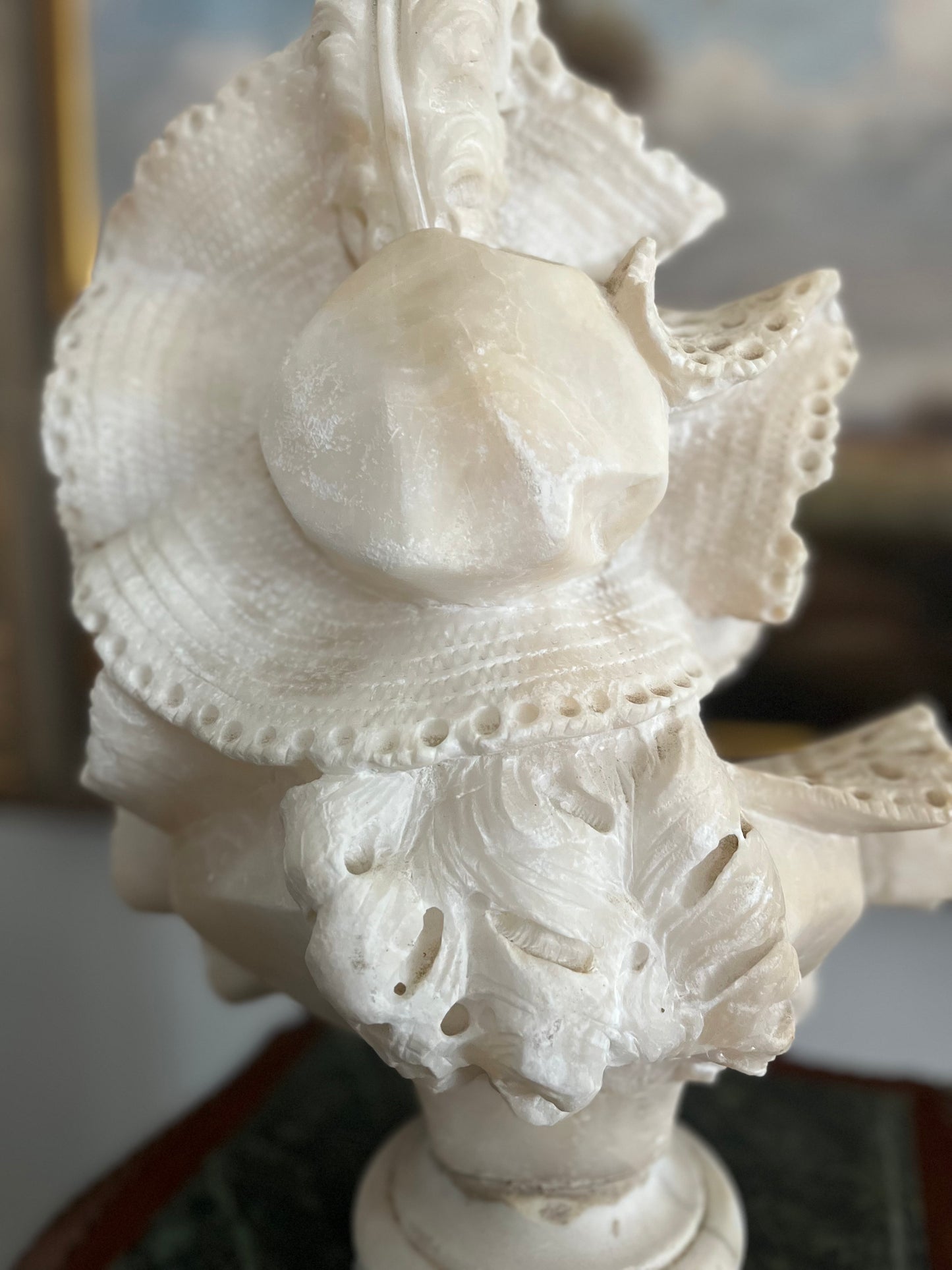Whisper of Lace — Intricate Detailed Victorian Alabaster Lady Bust on Marble Plinth Circa 1880-1910 - 15”