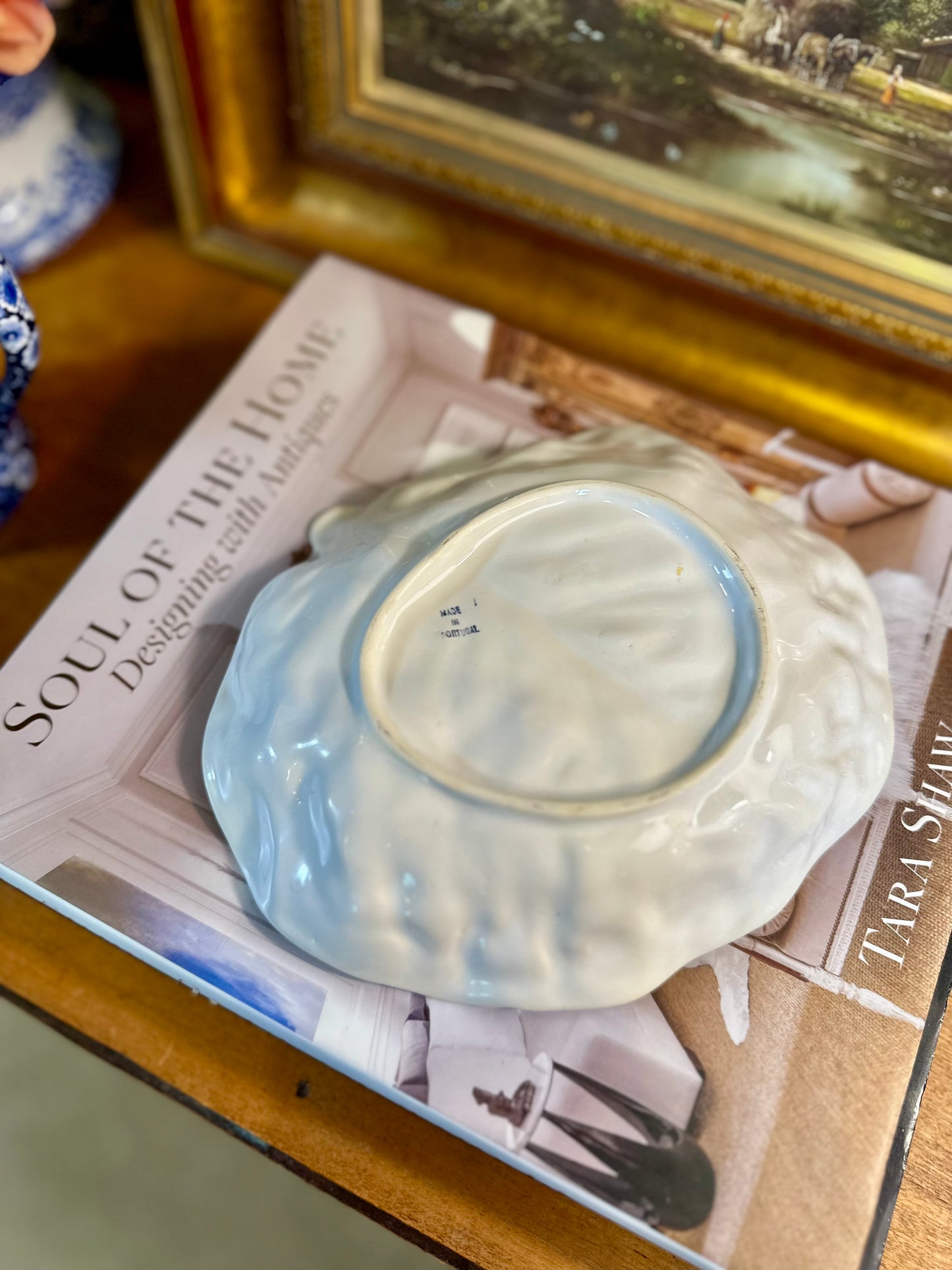 Vintage White Majolica Style Cabbage Leaf Shallow Dish, Made in Portugal, 8"