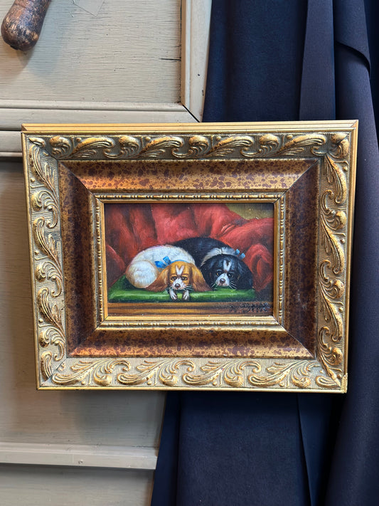 Vintage Gold Ornate Wood Framed Oil Reproduction, Two Spaniels, 12.5x10.5” - Pristine!