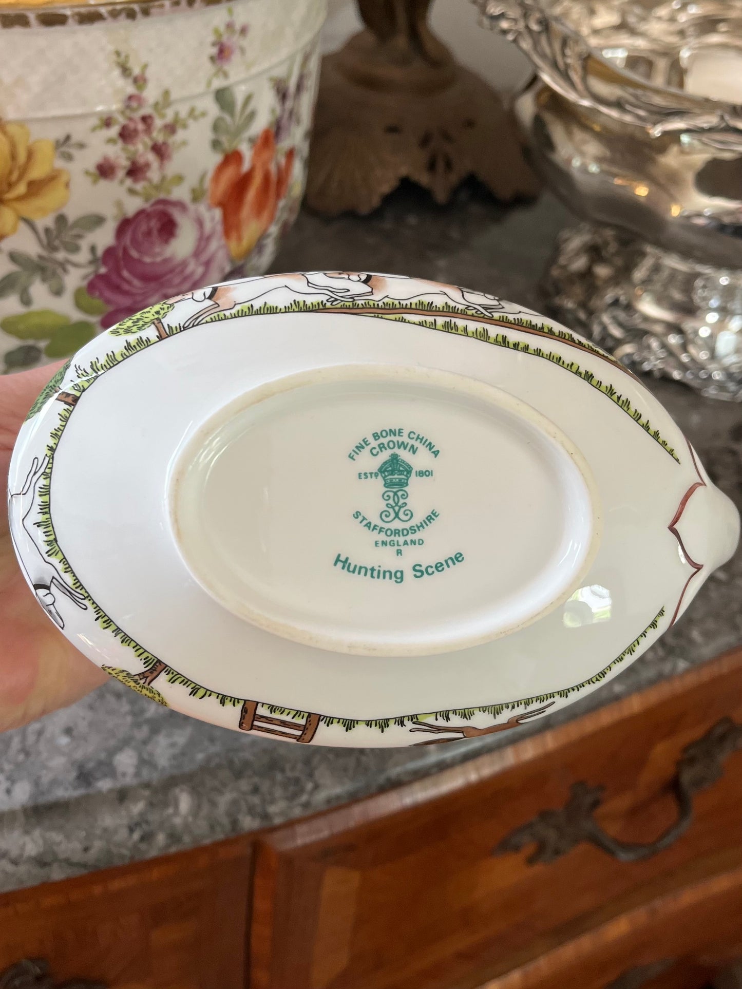 Live 08/04 Vintage Crown Staffordshire “Hunting Scene” Fine Bone China Gravy Boat with Underplate | England | Circa 1970s–1990s