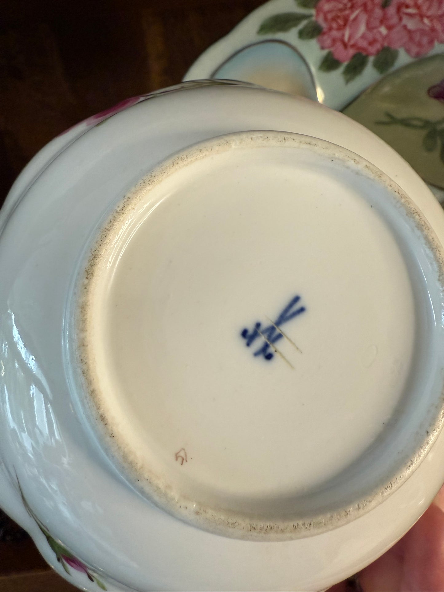 Vintage Meissen 6” Porcelain Pink Rose Bowl w/ Double Blue Sword Hallmark - Pristine!