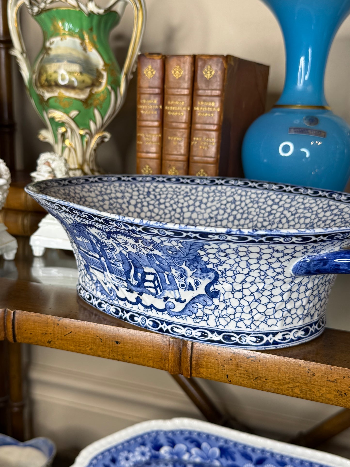 Adams Chinese Bird Pattern Chestnut Dish | Circa 1920 | 12" Handle to Handle x 8.75"D x 3.5"H | Style DA4513