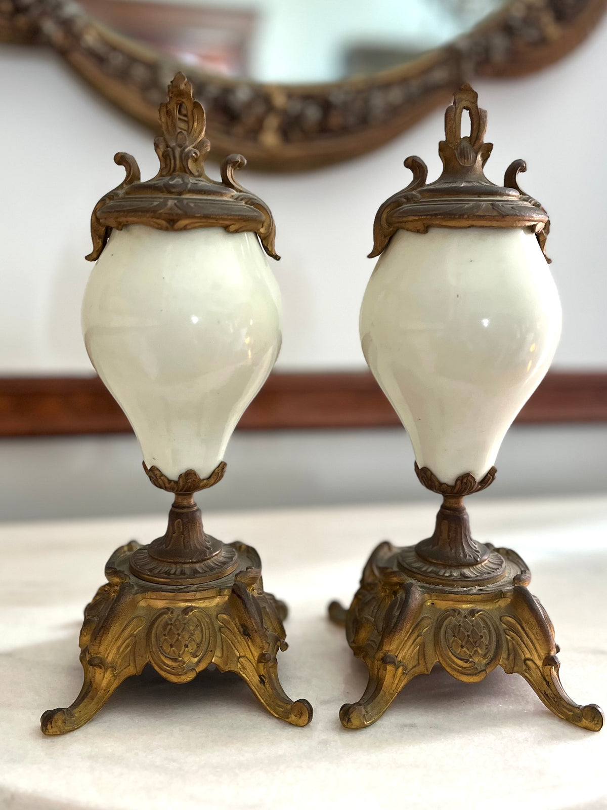 Pair of French Hand-Painted Pastoral Porcelain & Bronze Garniture Urns