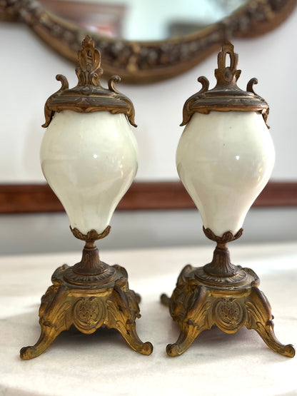 Pair of French Hand-Painted Pastoral Porcelain & Bronze Garniture Urns