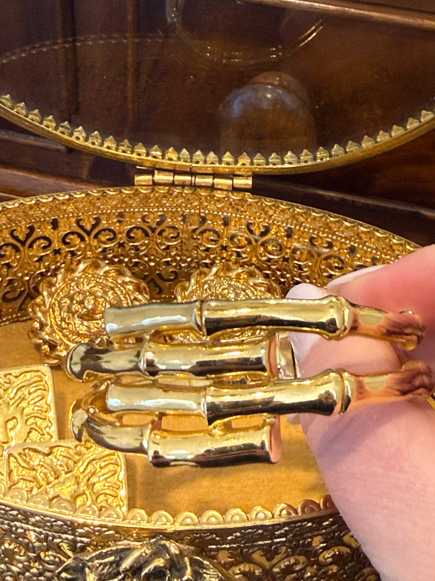 Vintage Crown Trifari 6.5” Gold Plated Bamboo Hinged Bangle Bracelet