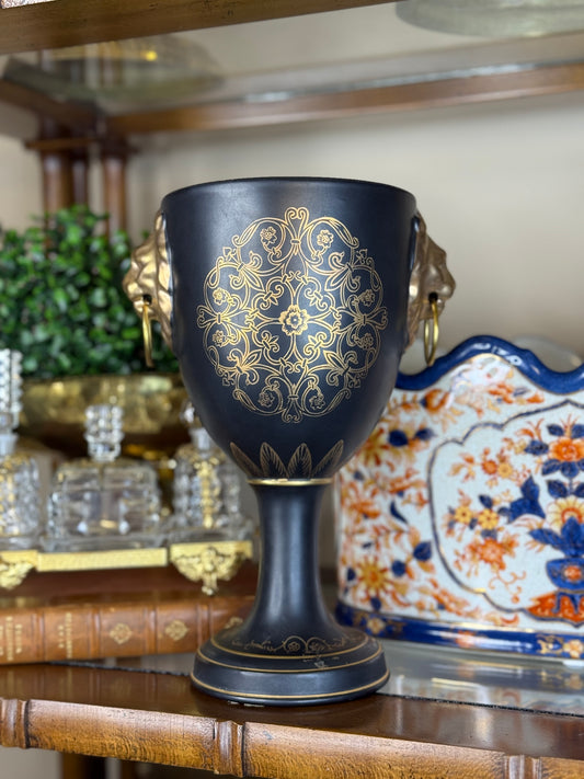 Vintage Black & Gold Trophy Vase with Lion Head Handles, 10” Tall