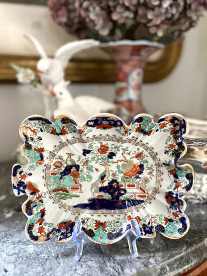 Live 07/28 Rare Colorway Antique Mason’s Patent Ironstone Chinoiserie Scalloped Serving Dish | Hand-Stapled Antique Repair | c.1840
