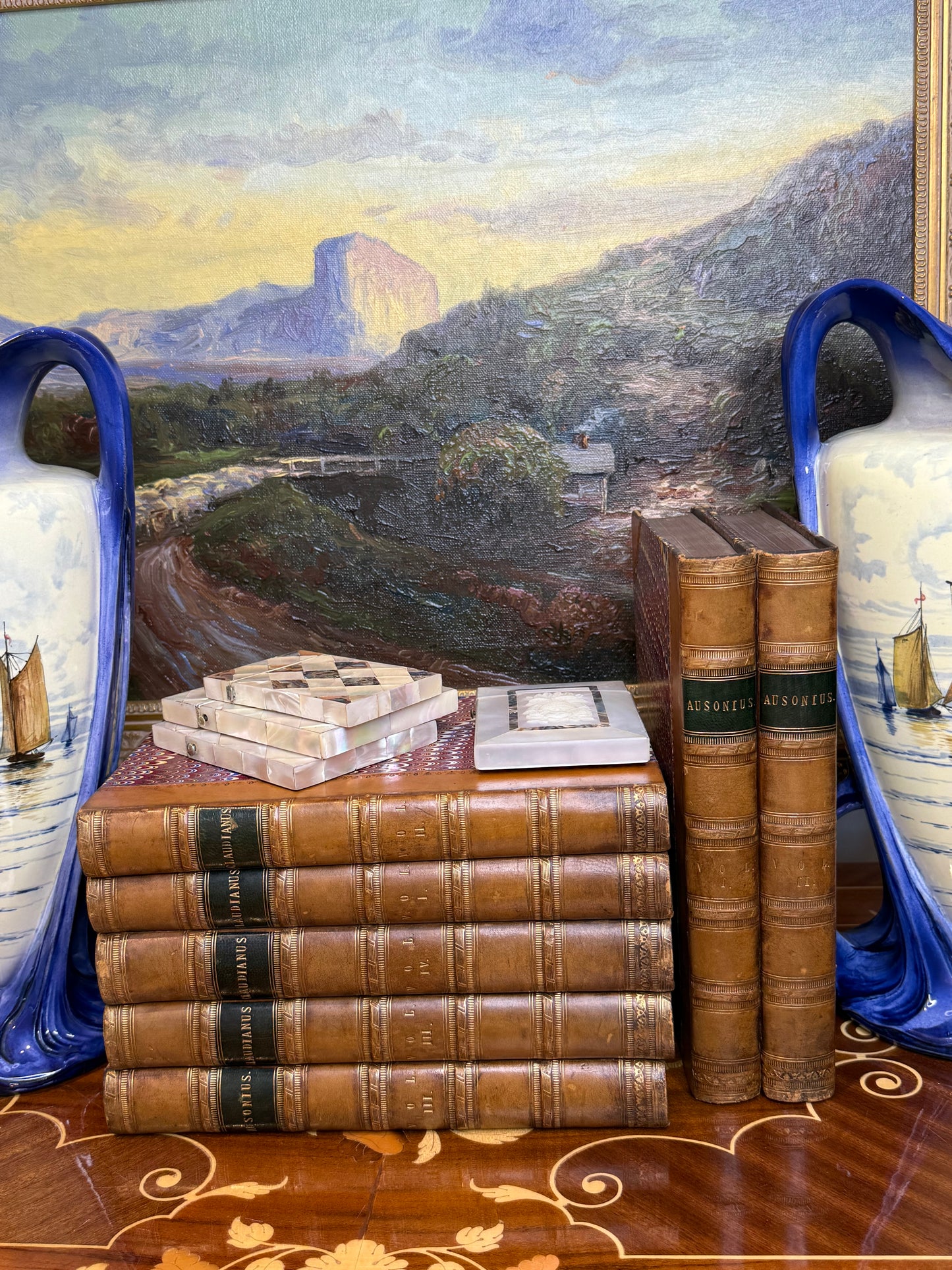 Antique Early 19th Century Latin Classical Library Book Collection, Set of 7 | Full Leather & Marbled Bindings | 1821–1823