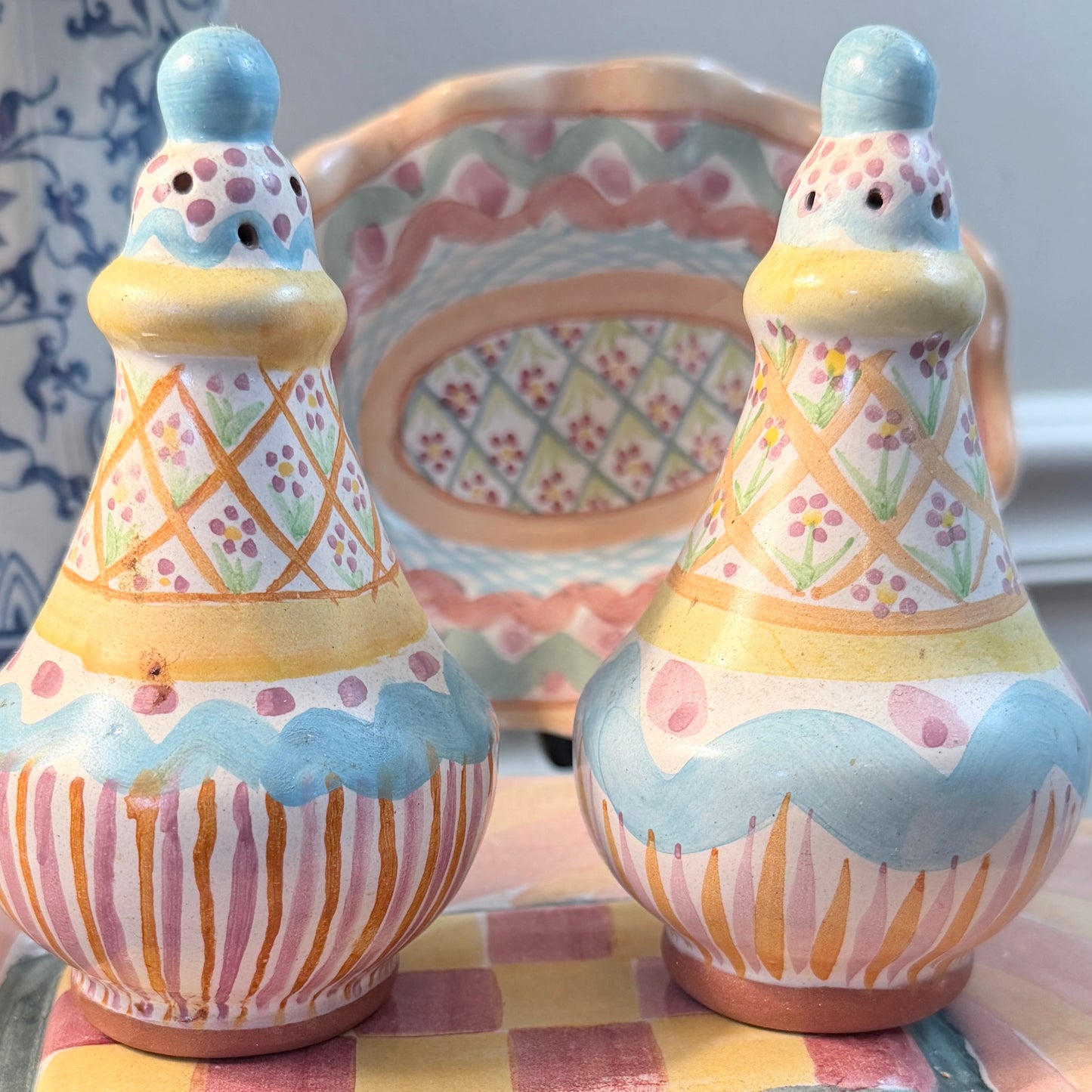 Vintage Painted glass  MacKenzie-Childs salt & pepper set