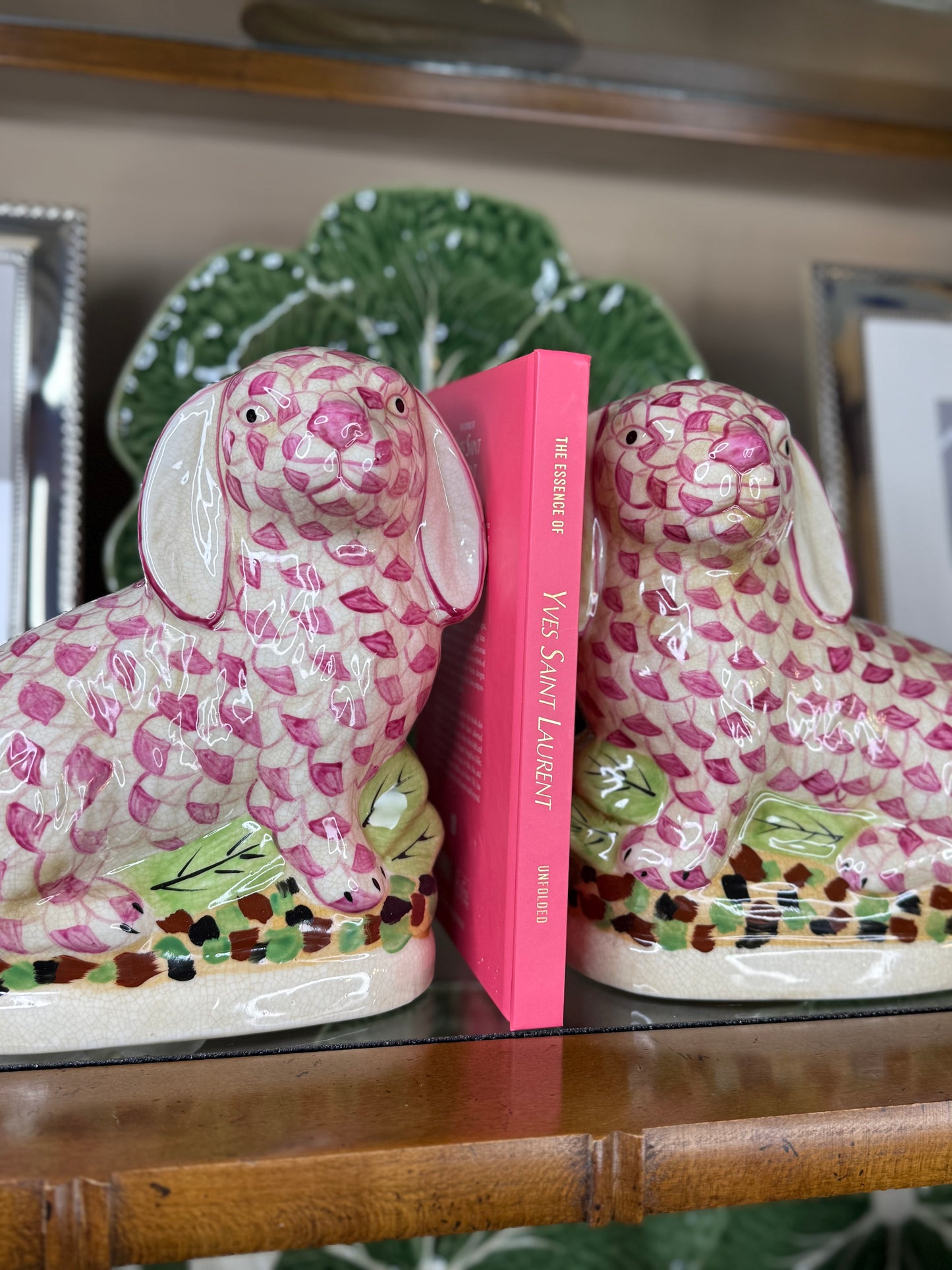 Danny's Fine Porcelain: Staffordshire Bunny Hare Pair in Pink Fishnet – Hand-Painted Porcelain with Gold Detail, 8Lx4Wx8.5H" #41429