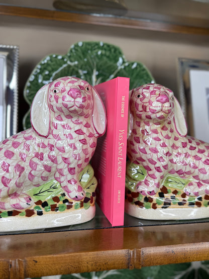 Danny's Fine Porcelain: Staffordshire Bunny Hare Pair in Pink Fishnet – Hand-Painted Porcelain with Gold Detail, 8Lx4Wx8.5H" #41429