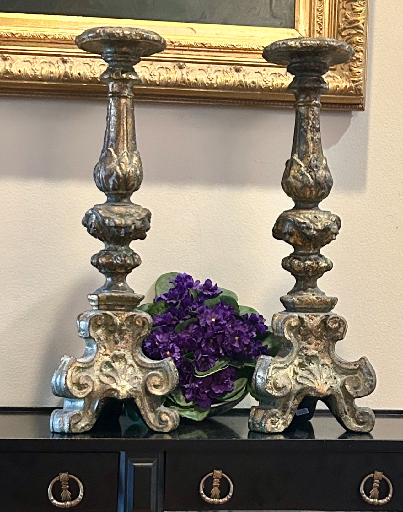 Spectacular pair of baroque  claw leg chippendale pillar candle holders 21 in