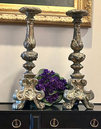 Spectacular pair of baroque  claw leg chippendale pillar candle holders 21 in