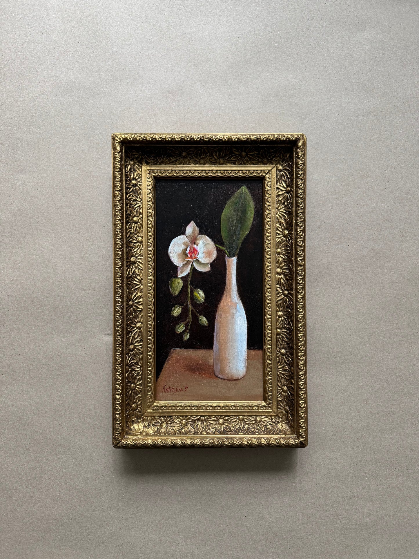 White orchid in a vase original oil painting in wooden vintage floral frame