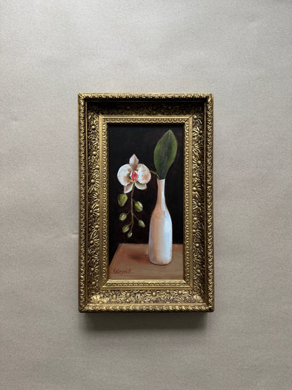 White orchid in a vase original oil painting in wooden vintage floral frame