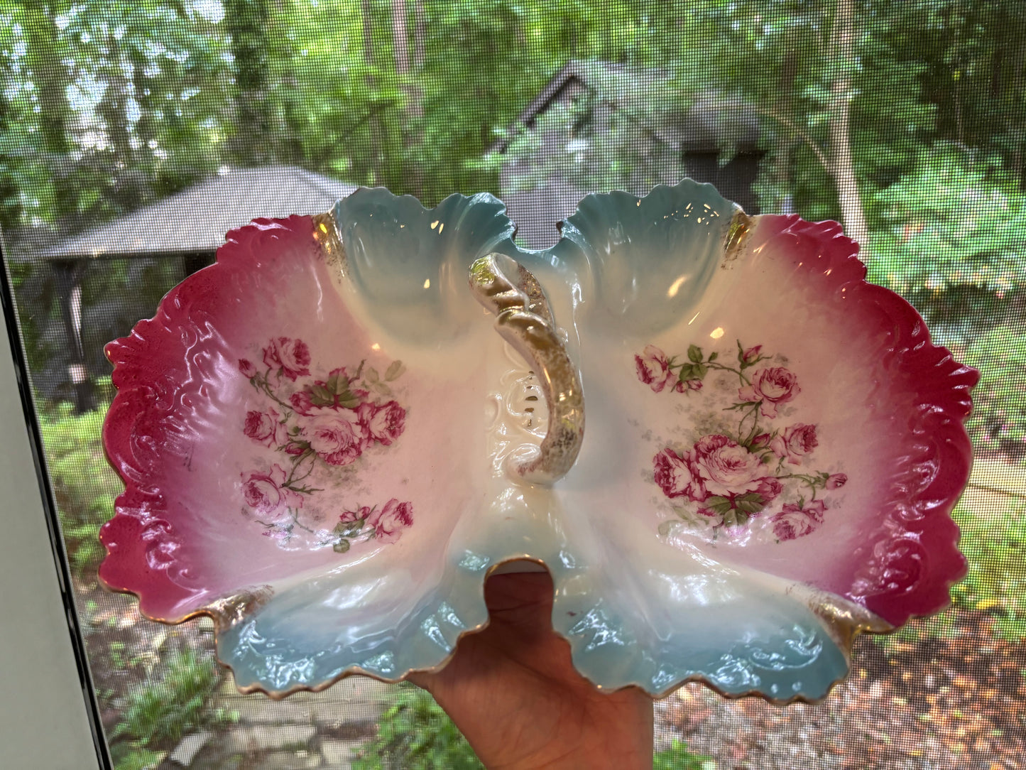 Beautiful decorative pink and blue floral dish with handle!